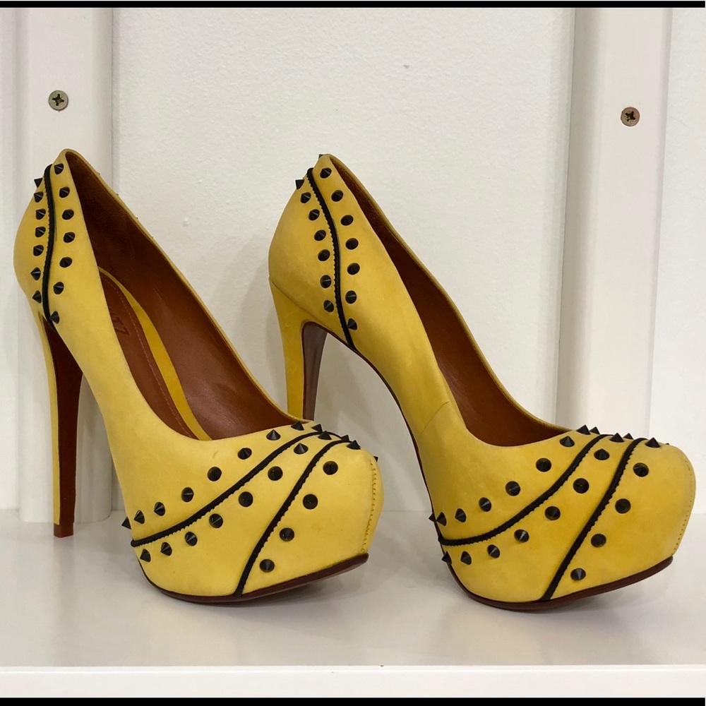 Yellow Studded Suede Pumps